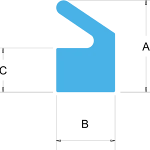 Lip Seal - Bespoke Silicone Rubber Profiles - Viking Extrusions A diagram of a lip seal rubber profile, with outlined dimensions for each side.