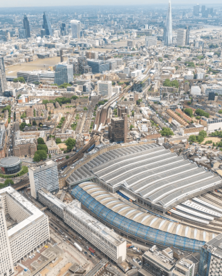 An aerial view of London’s Waterloo Station, the busiest and largest station in Great Britain.